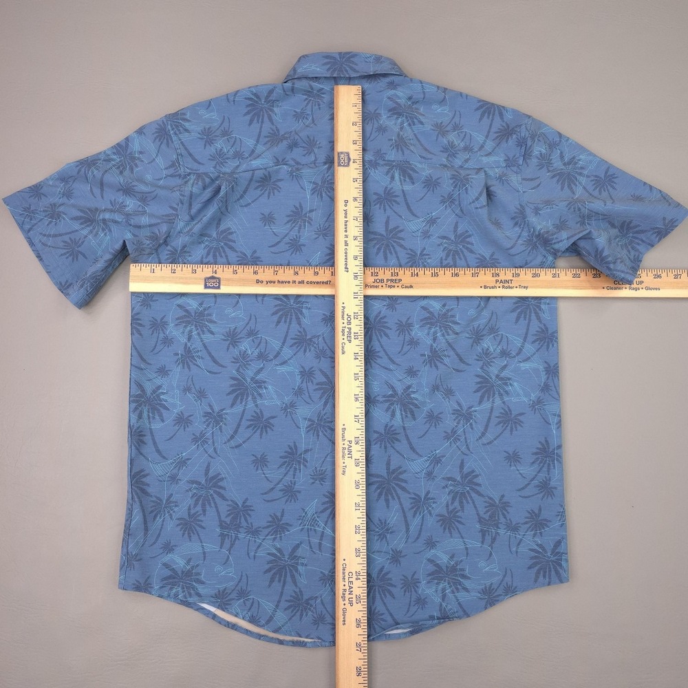 Huk Shirt Mens Small Blue Fish Palm Tree Short Sleeve Button Up Fishing Stretch - Picture 7 of 10